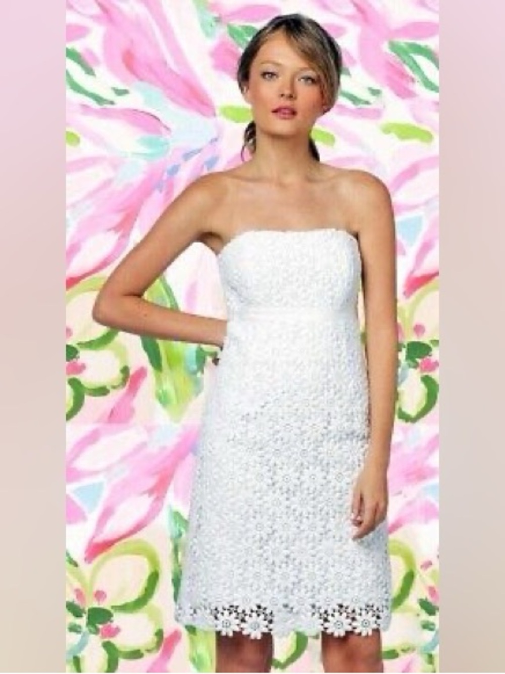 Lilly Pulitzer White Coastal Preppy Bowen Floral Lace Strapless Size 8